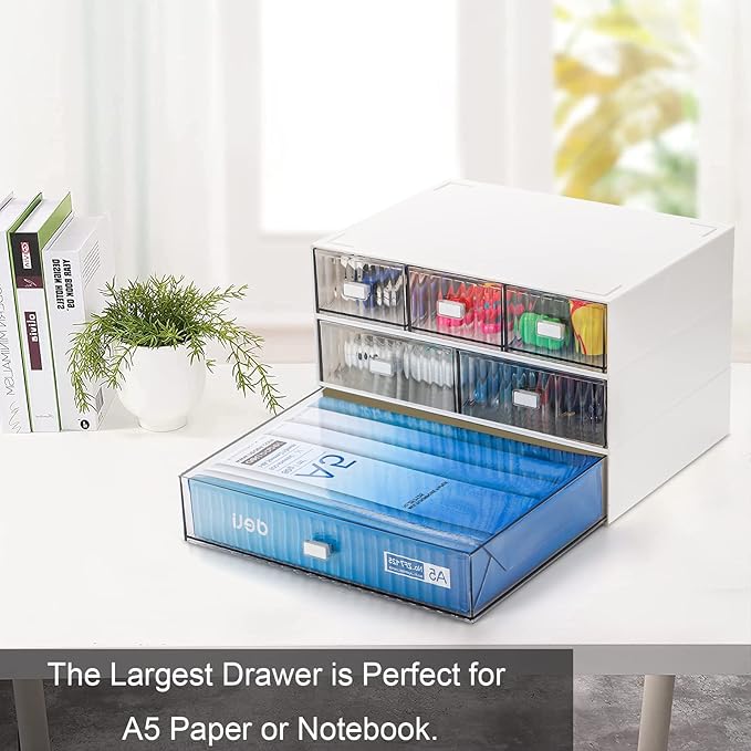 Hacaroa 3 Tier Mini Desk Organizer with 6 Drawers, Plastic Desktop Drawers Storage Box, Stackable Makeup Organizer Craft Storage Case for Office, School, Bathroom, Detachable Design, White