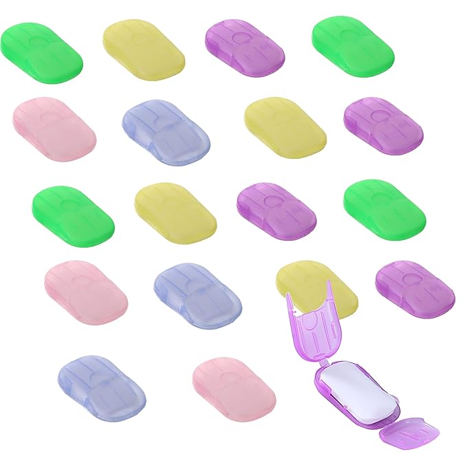 XXYXXY 20 Boxes (400 Sheets) Portable Disposable Travel Hand Soap Sheet Paper Hand Wash Bath Paper Soap Sheet (Random Color)