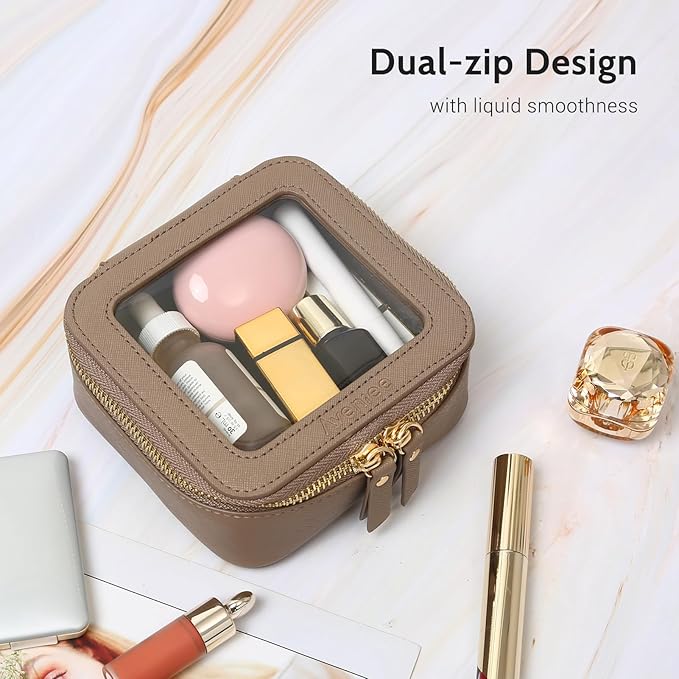 Aveniee Mini Clear Makeup Bag, Small Cosmetic Bags Travel Toiletry Pouch Organizer, TSA Approved Make up Case with Zipper, Car Bag for Essentials,Taupe