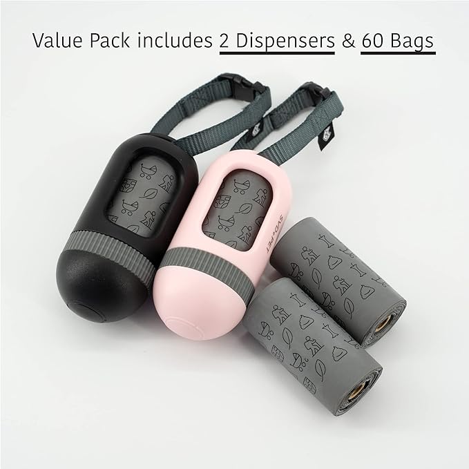 SVD.PET [2-Pack] Retractable Waste Bag Dispensers Gift Set, 2 Pet Waste Bag Holders with 60 large Waste Bags, Dog Walking Accessory Gift Value Pack (Black & Primrose Pink)