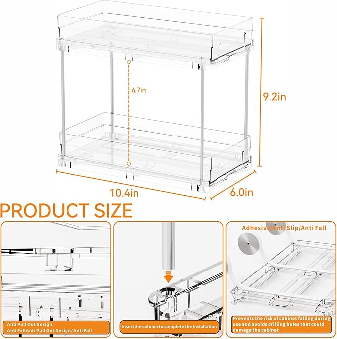 Yieach 4 Set Clear Pull Out Bathroom Organizers and Storage, 2 Tier Under Sink Organizer and Medicine Cabinet Organizer, Small Slide Out Drawers for Pantry, Under Cabinet, Kitchen Storage and Organization