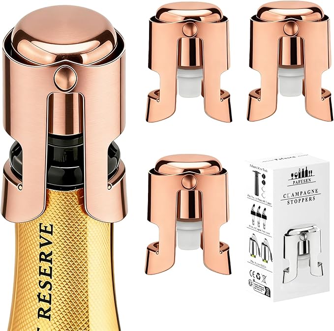 Champagne Stoppers for Bottles, Pafusen Champagne Sealer Stopper, Stainless Steel Champagne Cork Stopper Toppers, Saver for Champagne Cava Prosecco Sparkling Wine (Champagne -3-Pack-Rose Gold)