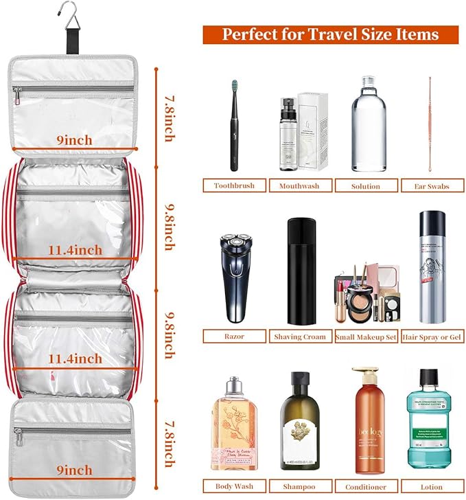 Bosidu Hanging Travel Toiletry Bag, Large Capacity Cosmetic Travel Toiletry Organizer for Women with 4 Compartments & 1 Sturdy Hook, Perfect for Travel/Daily Use/Christmas