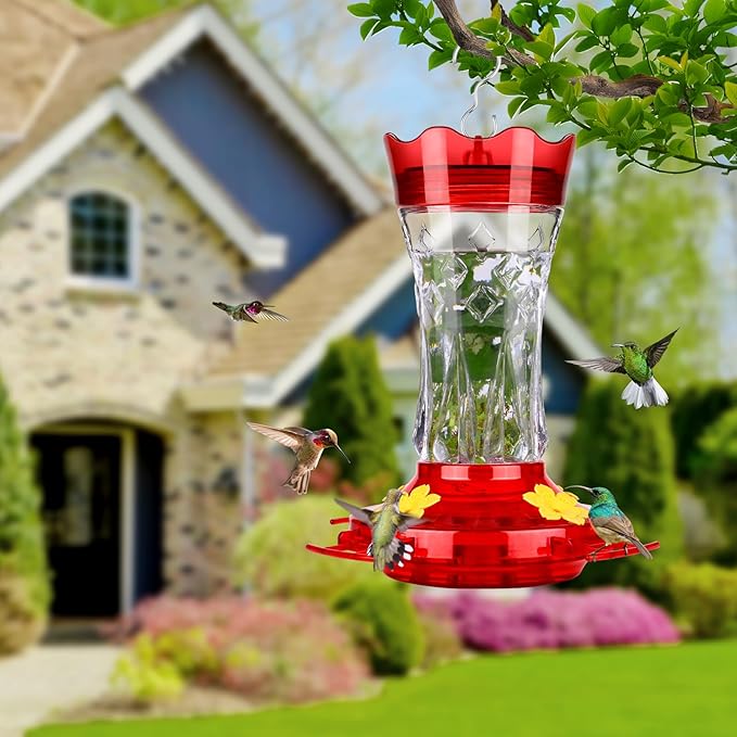 Hummingbird Feeders for Outdoors Hanging, BOLITE Glass Hummingbird Feeder, 4 Bee Guard Feeding Ports, Built-in Ant Moat, Leak Proof, 15 Ounces, Stars Decor, Red, 2 Pack, Gifts for Women Men