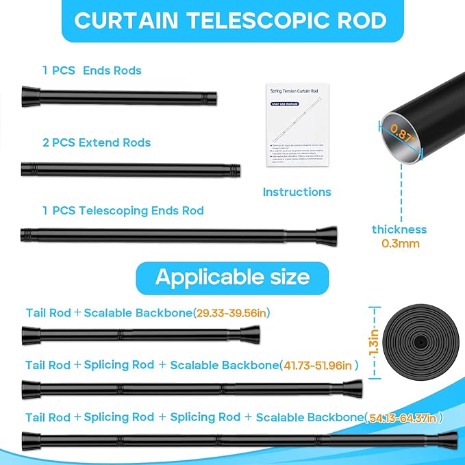 Black Shower Curtain Rod 30 To 64 Inch Tension Shower Rod For Bathroom 7/8" Adjustable Spring Curtain Rod No Drilling Spring Curtain Rod Black Tension Tension Rods for Windows Doorway Closet