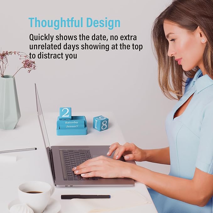 Wooden Block Calendar for Desk, Daily Desktop Perpetual Desk Calendar, Modern Farmhouse Aesthetic Desk Accessories for Home Office Decor, Teacher, Classroom, Reusable Yearly, Blue