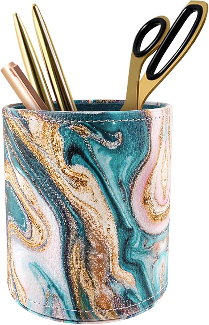 WAVEYU Pen Holder for Women Girls, Pencil Cup Marble Desk Decor, Makeup Brush Holder Large Pu Leather Multi-Functional Organizer Cup for Office, Classroom, Home, Green+Gold