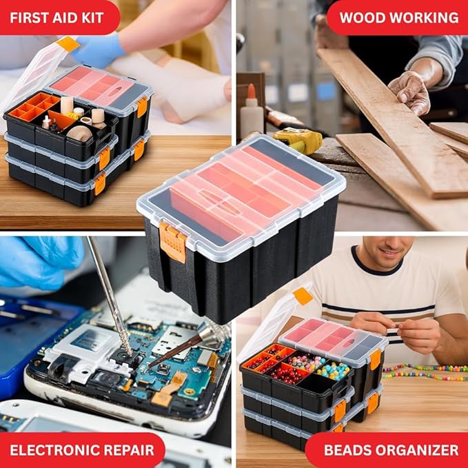 Andalus Tools Organizer Box, Small Parts Storage Multi-Compartment Portable Hardware Organizer Removable Plastic Dividers for Screws, Nuts, Bolts, Nails – Orange (4 Set, 12.2" x 9.1" x 7")