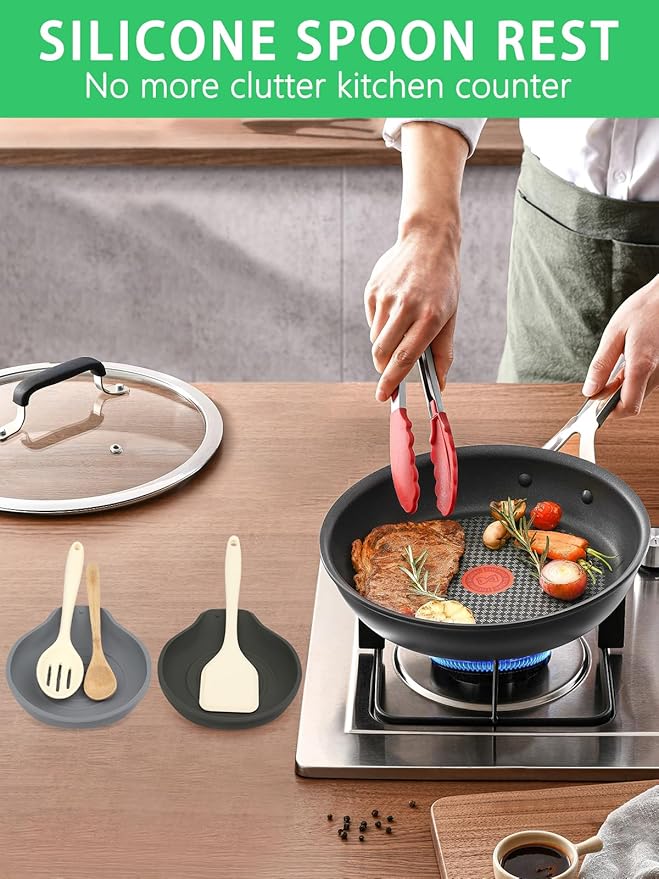2 Pcs Spoon Rest for Stove Top Silicone, 6.1" Large Stove Spoon Holder for Spatula, Tongs or Spoon, Kitchen Counter Decor, Gray & Black