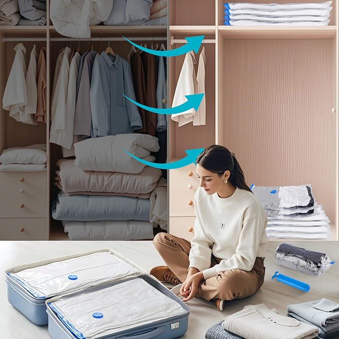 Vacuum Storage Bags with Hand Pump, 12 Jumbo Compression Space Saver Vacuum Seal Bags for Clothing, Travel, Luggage, Comforters, Blankets, Pillows, Bedding, Duvets