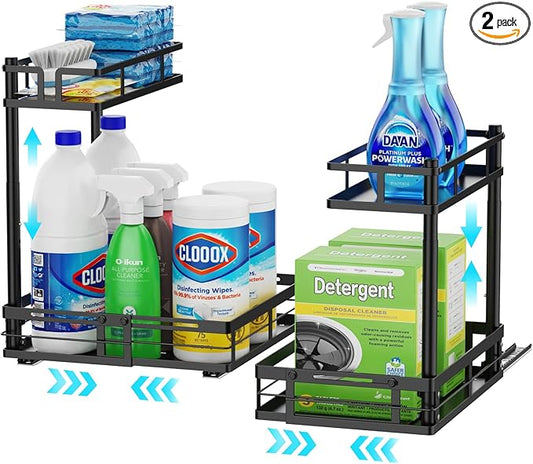 iSPECLE Under Kitchen Sink Organizer - 2 Pack Height Adjustable Pull Out Cabinet Organizer Fit Around Plumbing & Disposal, Heavy-Duty Undersink Storage Sliding Get Item for 30" - 36" Wide Sink Cabinet