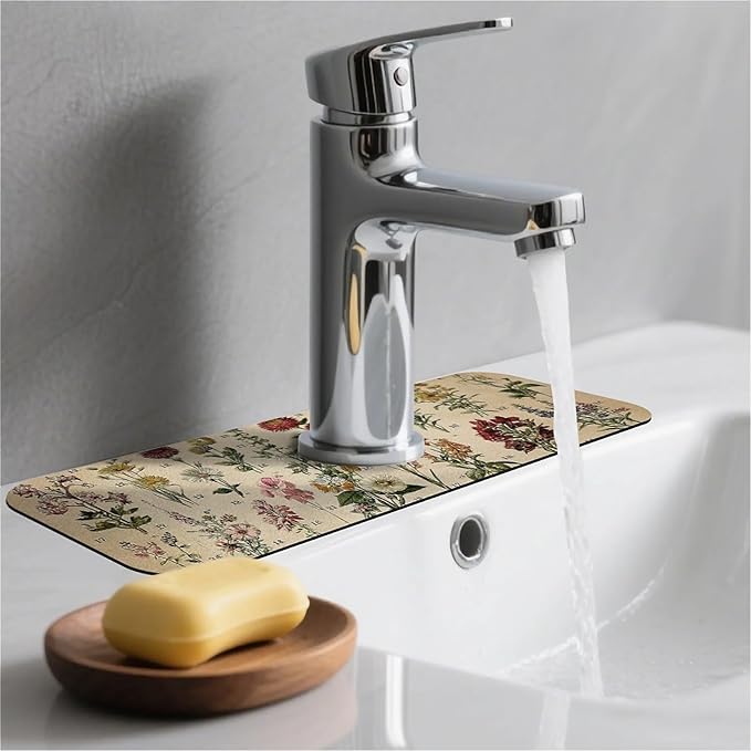 Kitchen Sink Splash Guard，Vintage-wildflowers Faucet Mat Sink Gadgets-Super Absorbent Fast Drying Mat Drip Catcher for Kitchen, Bathroom,Sink Mat, Dish Drying Mat, Bathroom(15" X 5.5" )