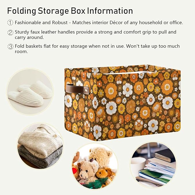 Aslsiy Storage Basket Orange 60s 70s Style Nursery Bins Retro Floral Baby Box Canvas Clothes Shelf Basket Laundry Hamper Gift Basket for Home Closet 2 Pcs