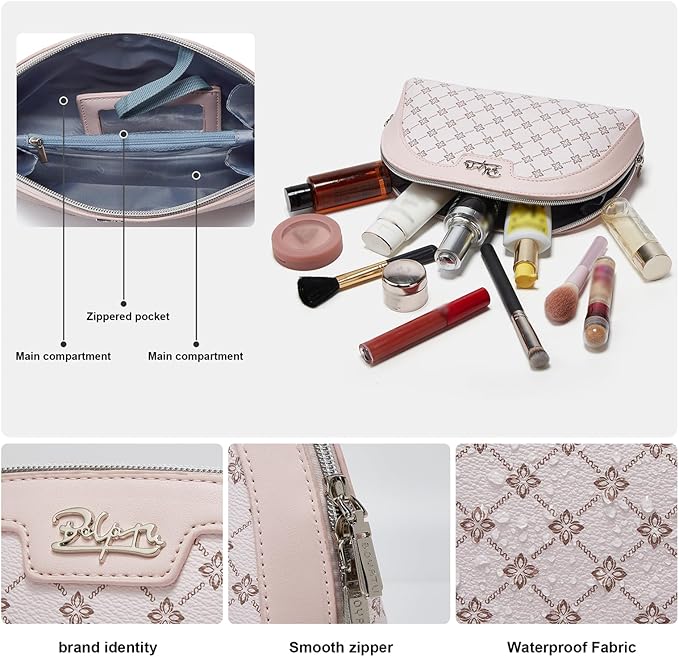 BOYATU Small Travel Makeup Bag for Women: Elegant Vegan Leather Cosmetic Pouch for Purse - Waterproof Toiletry Bag with Mirror(012-Pink)