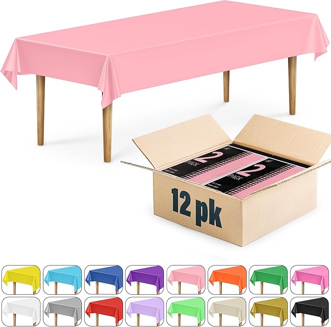 DecorRack 12 Rectangular Tablecloths BPA-Free Plastic, 54 x 108 inch, Dining Table Cloth, Rectangle Table Cover for Parties, Picnic, Camping and Outdoor, Disposable or Reusable, Light Pink (12 Pack)