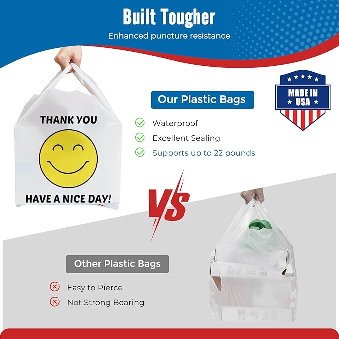 Fuxury 1000 Count Happy Smiling Face Thank You Plastic Bags (11.5 x 6.5 x 21) White, Have a Nice Day T-shirt Bags for Business, Grocery, Take Out, To Go, Retail Shopping in Bulk