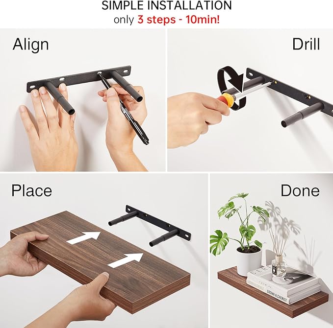 BAYKA Floating Shelves for Wall, Wall Mounted Rustic Wood Shelves for Bathroom, Bedroom, Living Room, Kitchen, Small Hanging Shelf for Books/Storage/Room Decor (Walnut-Like, Set of 3, 15.7in)