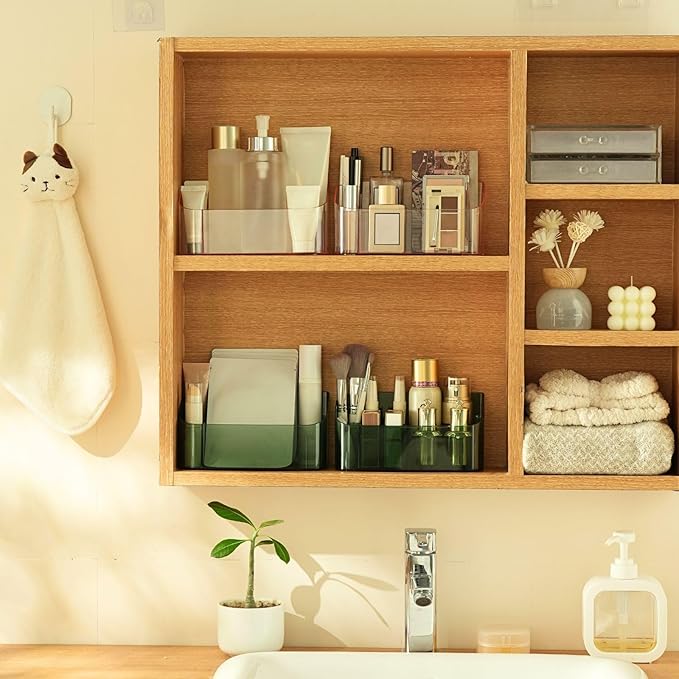 SUNFICON Makeup Tray Holder Organizer Cosmetic Display Case Tabletop Desktop Vanity Countertop Bathroom Wall Cabinet Medicine Storage Box 9 Dividers 2 Removable for Womens Ladies Girls Crystal Green