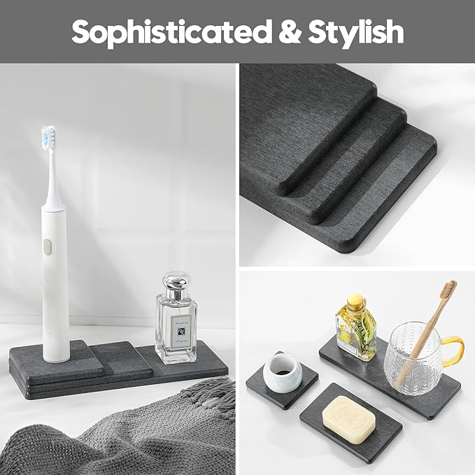 3PCS Water Absorbing Soap Dish Sponge Holder, Diatomite Stone Drying Tray Mat Sink Caddy for Kitchen Counter & Bathroom, Small Stone Bath Mat Faucet Accessories Organizer Protector, Dark Gray, 9"x 3.5"