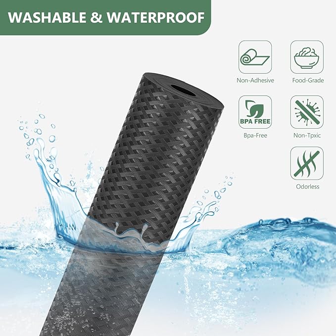 Shelf Liners, Non-Adhesive Drawer Liner, Waterproof & Oil-Proof Kitchen Cabinet Cupboard Liner Plastic EVA Material BPA Free Fridge Liner Mats Paper Protector for Shelves (Black/24in x 240in)