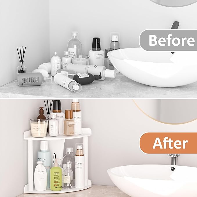2 Tier Countertop Corner Organizer Shelf 7x7x8 Inch, White Acrylic Bathroom Vanity Storage Organizer Corner Shelf for Skincare, Cosmetics, Perfume