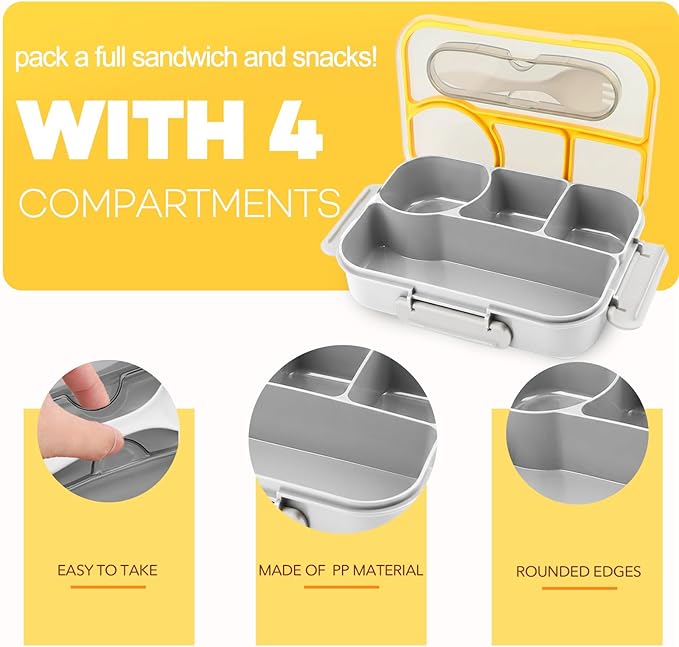 Bento Box for Adults,4 Compartments Lunch Box, Snack Containers Reusable Lunch Containers Drop-Proof, Dishwasher Safe & Made with BPA-Free Materials, Grey