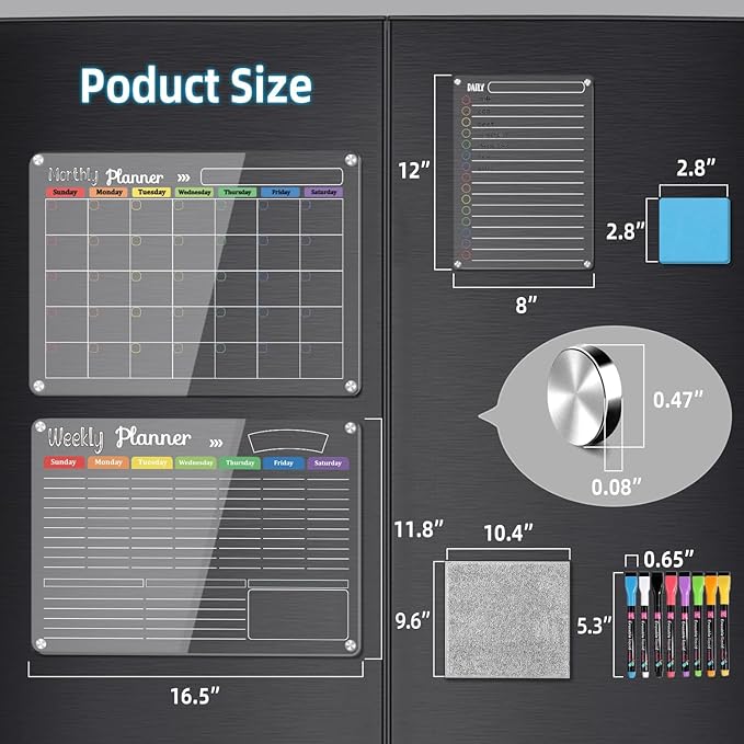 Hivillexun 3-Pack Acrylic Magnetic Dry Erase Calendar Whiteboard Set – Organize Your Refrigerator, Wall, or Fridge with Monthly, Weekly, and Daily Planners, Includes 8 Markers, Large Eraser, and Cloth