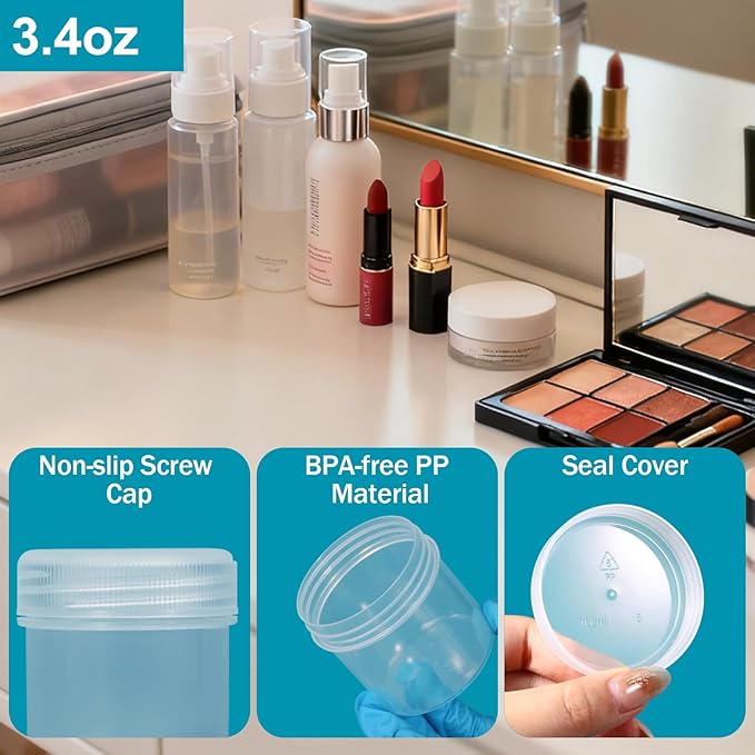 Wide Mouth Travel Containers, PP Clear Leak Proof Travel Plastic Jars with Lids for Creams Lotion Cosmetic, Jewelry Beads, Sample, Small Items Storage (4 Pack，5oz)
