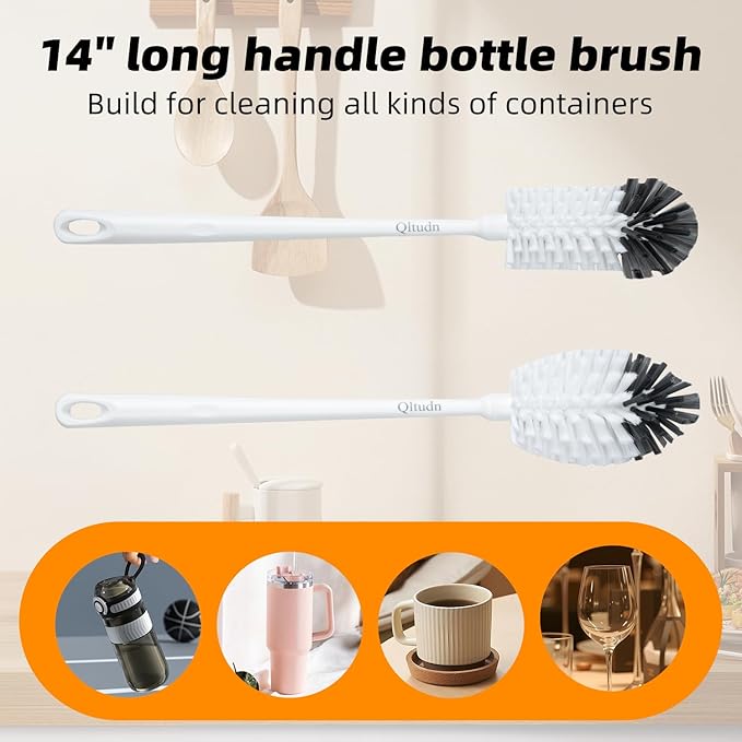 2 Pack 14 Inch Bottle Brush & 12 Inch Straw Brush Cleaner Set - Heavy Duty Kitchen Bottle Brushes for Cleaning Water Bottles, Baby Bottles, Mugs, Sippy Cups & Tumblers, Lab Use