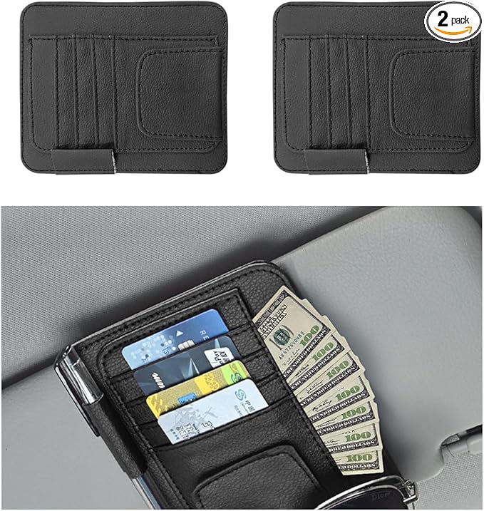 Augeny 2 PCS Car Sun Visor Organizer, Small Auto Visor Organizer and Storage, Registration and Document Holder for Sunglasses, Card, Pen, Driver License, Car Accessories (Black)