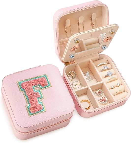 SANDJEST Personalized Jewelry Box, Pink Travel Jewelry Box with Initial F, Small Monogrammed Jewelry Case Organizer for Girls Women Teen Kids, Mini Travel Essentials Gifts for Birthday Christmas