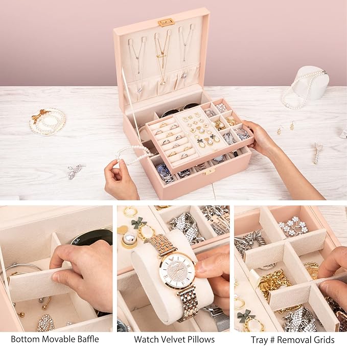 Voova Jewelry Box Organizer for Women Teen Girls, 2 Layer 5 Slot Watch Storage Case with Removable Tray, PU Leather Large Jewellery Holder Display for Watches Sunglasses Rings Earrings Necklace, Pink