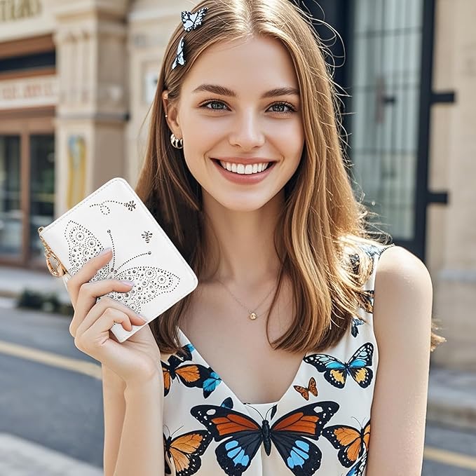 Women RFID Blocking Small Bifold Wallet, Compact Cash Clutch with Zipper Coin Pocket, Glittery Butterfly Design, Credit Card Holder, Travel Purse with Tassel WHITE