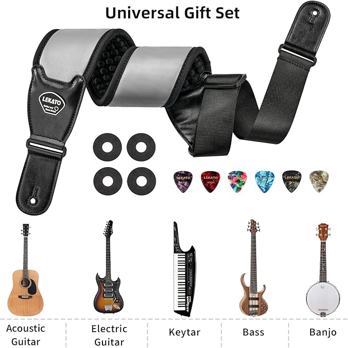 LEKATO Guitar Straps for Electric Guitar Bass, 3.5" Wide Padded Guitar Strap Neoprene Pad with 3D Sponge Filling Bass Guitar Straps Adjustable Length from 45" to 55" with Strap Locks, Picks, Gray