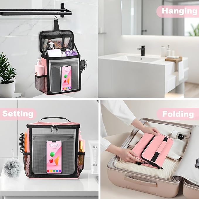 Portable Hanging Shower Caddy, Large Capacity Travel Toiletry Bag for Men & Women, Bath Organizer with Hook & Waterproof Phone Compartment, for Gym, Travel, Dorm, Picnic, Bathroom(Pink)