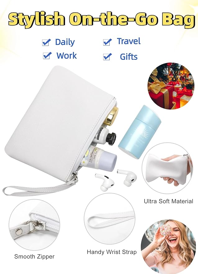 2 Pack Small Zipper Pouch Mini Makeup Bag for Purse Lipstick Cosmetic Travel Make Up Organizer for Women Essentials, Car Change Coin Holder 4.5 x 6.5 Clutch Stadium Approved Wristlet, White