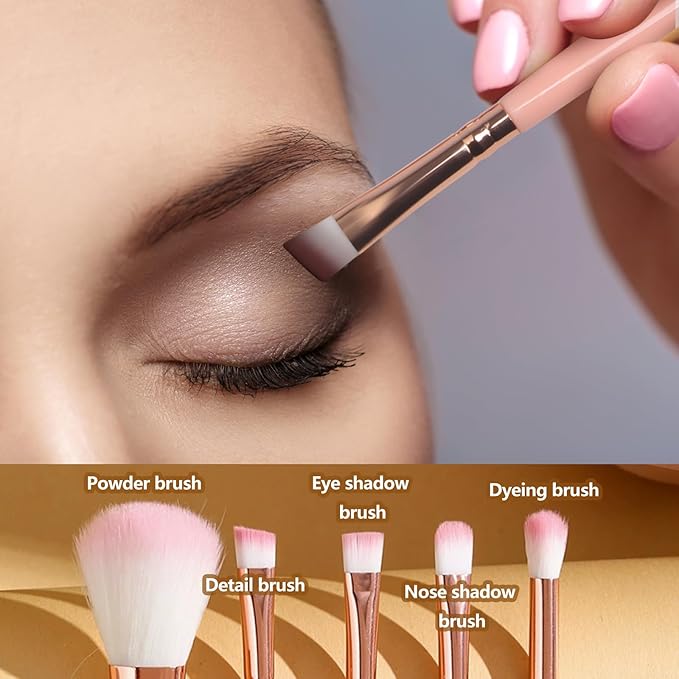 Travel Brush Set, Portable 5 PCS Mini Makeup Brushes with Mirror, Easy-taken Makeup Tool Set for Eyeshadow, Contour, Blush, Complete Function Cosmetic Profesional Tools (Pink)