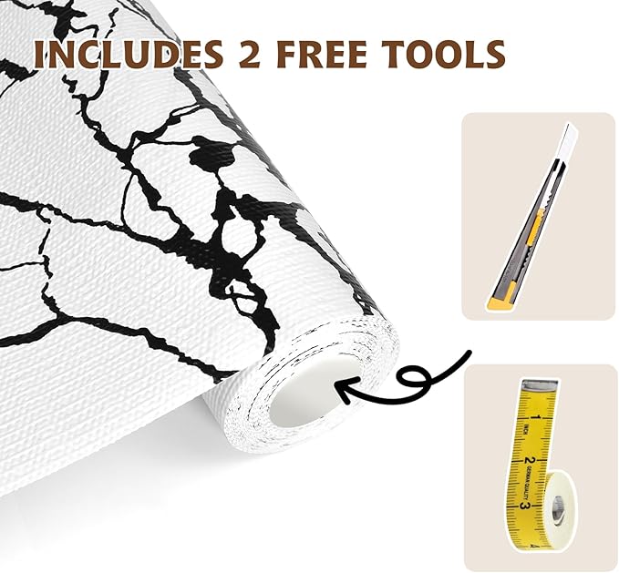 2-Layer Drawer and Shelf Liner for Kitchen Cabinet: 12 in X 20 Ft Non Slip Waterproof Shelf Paper Non Adhesive Refrigerator Liners White/Black Marble Easy Liners for Bathroom with Knife Tape Measure