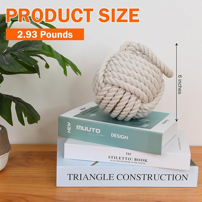 Decorative Door Stop, Weighted Door Stopper for Bottom of Doors, Rope Doorstop, Knot Nautical Doorstopper, Heavy Doorstop for Bedroom, Living Room, Window Wedge, Bookend 6 inch (White)