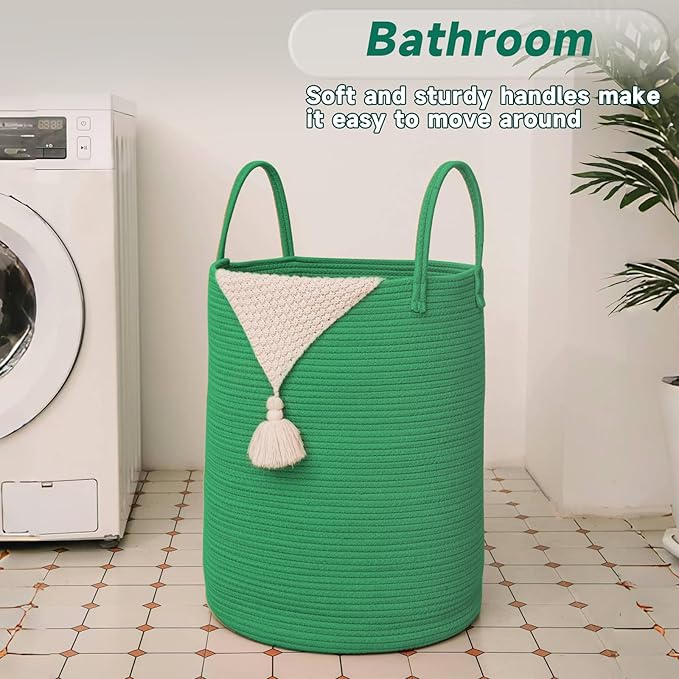 Large Woven Laundry Basket Hamper, 60L Cotton Rope Storage Bin for Blankets, Toys, and Clothes, Decorative Tall Nursery Hamper for Living Room, Baby Nursery, Bathroom, and Bedroom, Dark Green