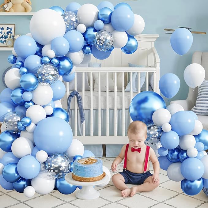 Blue Balloon Arch Kit 86Pcs Pastel Blue White Balloons Garland Kit with Silver Confetti Balloon Metallic Macaron Light Birthday Party Balloons for Boys Men Baby Shower Graduation Party Decorations