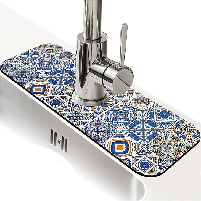 Kitchen Sink Splash Guard，Traditional Moroccan tiles Faucet Mat Sink Gadgets-Super Absorbent Fast Drying Mat Drip Catcher for Kitchen, Bathroom,Sink Mat, Dish Drying Mat, Bathroom(15" X 5.5" )