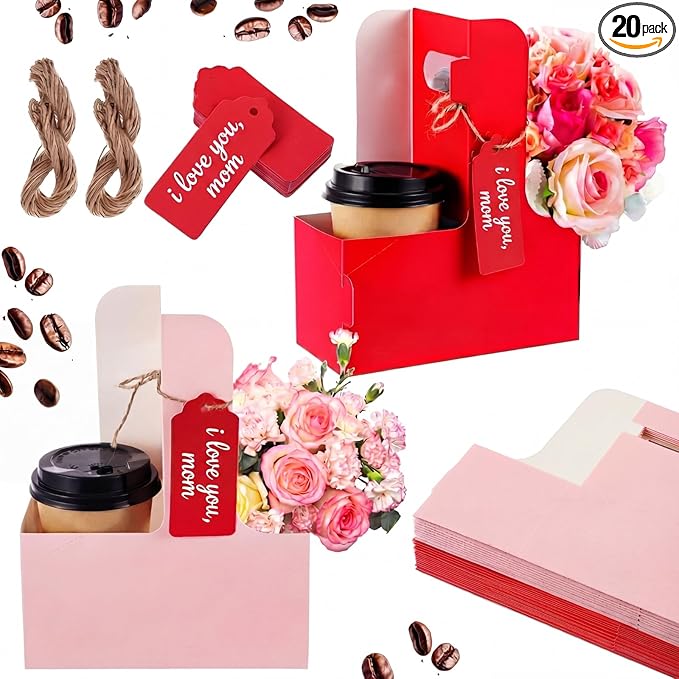 MotiMind 20 Pack Mother's Day 2 Cup Drink Carrier with Handle, Kraft Paperboard Teacher Cup Holder Portable for Hot Cold Drinks, Coffee Carrier Gift with Heart Card Rope (Red,Pink)