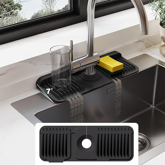 14.6 Inch Silicone Faucet Mat for Kitchen Sink Splash Guard - 7° Slope Water Draining Mat With Fasten Button for Bathroom Area (Black, 14.6''x5.5'')
