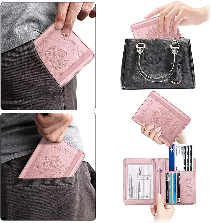 WALNEW Passport Holder for Travel, RFID Passport Cover Wallet for Women Men, PU Leather Passport Book Card Holder Case with Pen (Upgraded, Upgraded-Rosegold)