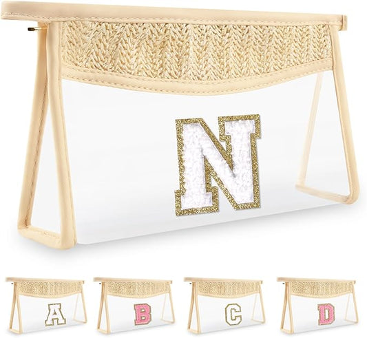 Personalized Initial Letter Bag Boho Straw Clear Makeup Bag, Small Cute Chenille Varsity Letter Bag With Zipper, Beach Travel Toiletry Bag, Portable Monogrammed Cosmetic Bag for Women Girls, N