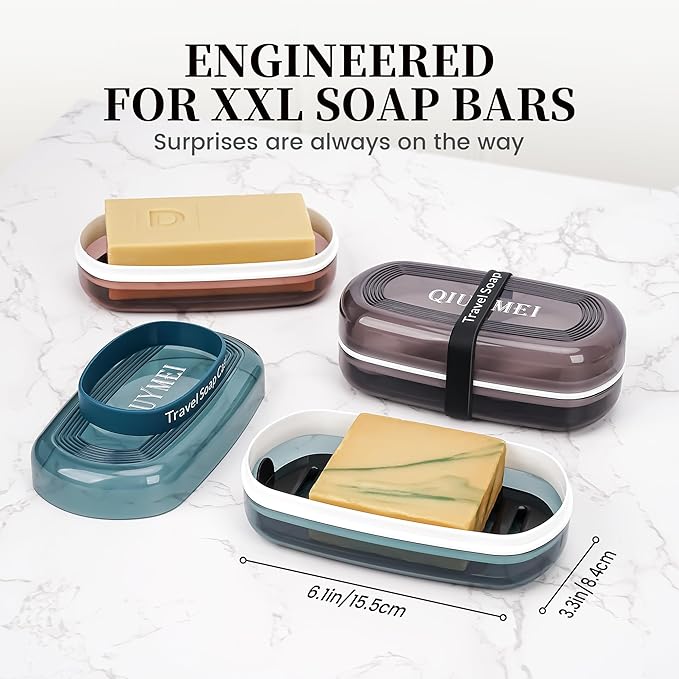 Shampoo Bar Holder and Soap Case | Leakproof Travel Container with Lid & Drain Tray | Includes Silicone Strap and Mesh Soap Bag | for Bathroom, Shower, Camping, Gym Travel (White, Large)