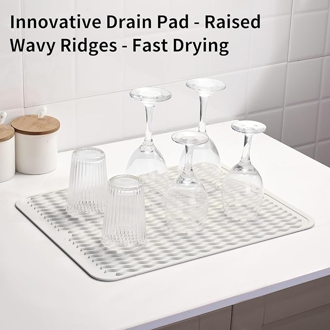 ZLR Silicone Dish Drying Mat for Kitchen Counter, Eco-Friendly Fast Dry Dish Mat, Easy Clean Multi Usage Drying Matt, Heat Resistant Trivet, 16" x 12" Large, Milk White