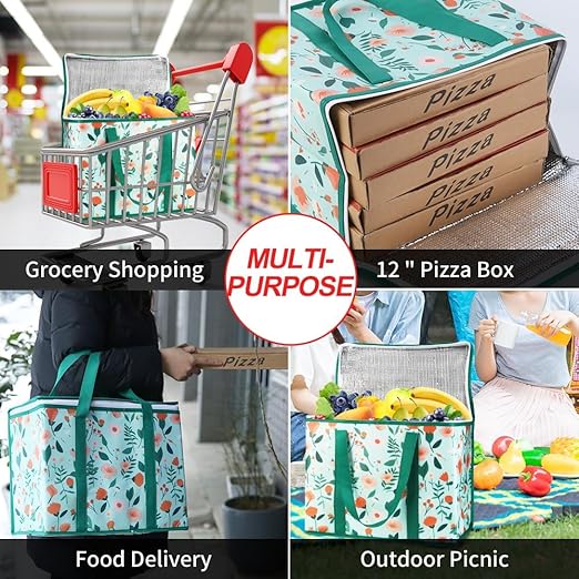 1-Pack Insulated Reusable Grocery Shopping Bags, X-Large Insulated Food/Pizza Delivery Bag for Delivery Drivers, Commercial Food Warmers, Tote Cooler/Thermal Bags