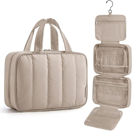 BAGSMART Travel Toiletry Bag for women, Portable Hanging Hook Makeup Bag Organizer, Waterproof Makeup Cosmetic Bag, for Full-Size Accessories, Toiletries, Camel